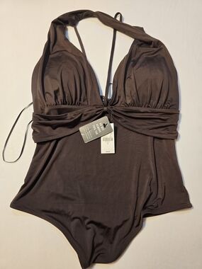 NWT Express Solid Halter One-Piece Bodysuit in Deep Brown